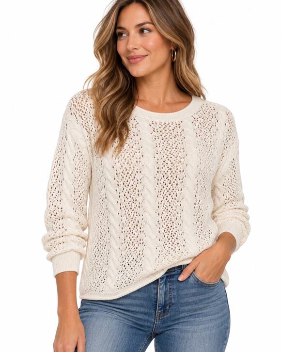 10 & Co Sweaters - 10 & Co Women’s Medium Ivory Cable Knit Openwork Cotton Sweater Coastal Boho
